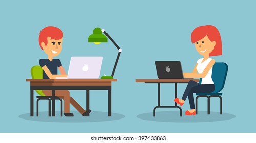 People work in office design flat. Business woman and man, computer worker, Office desk table and workplace. Guy girl sitting on chair at table in front of computer laptop monitor and shining lamp