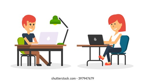 People work in office design flat. Business woman and man, computer worker, Office desk table and workplace. Guy girl sitting on chair at table in front of computer laptop monitor and shining lamp