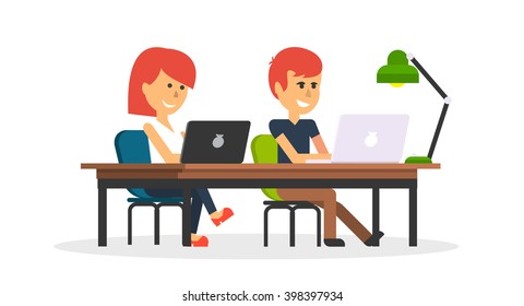 People work in office design flat. Business woman and man, computer worker, Office desk table and workplace. Guy girl sitting on chair at table in front of computer laptop monitor and shining lamp
