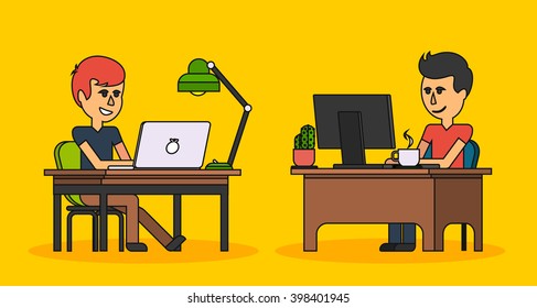 People work in office design flat. Business man, computer worker, Office desk table and workplace. Guy sitting on chair at table in front of computer laptop monitor and shining lamp