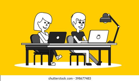 People work in office design flat. Business woman and man, computer worker, Office desk table and workplace. Guy girl sitting on chair at table in front of computer laptop monitor and shining lamp