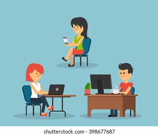 People work in office design flat. Business woman and man, computer worker, Office desk table and workplace. Guy girl sitting on chair at table in front of computer laptop monitor