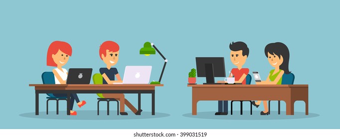 People work in office design flat. Business woman and man, computer worker, Office desk table and workplace. Guy girl sitting on chair at table in front of computer laptop monitor and shining lamp