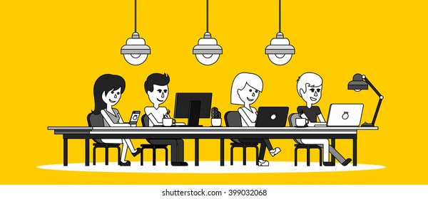 People work in office design flat. Business woman and man, computer worker, Office desk table and workplace. Guy girl sitting on chair at table in front of computer laptop monitor and shining lamp