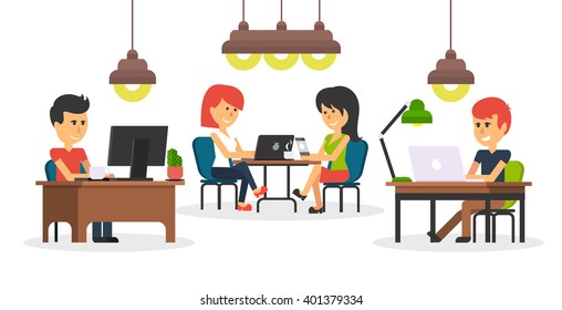 People work in office design flat. Business woman and man, computer worker, Office desk table and workplace. Guy girl sitting on chair at table in front of computer laptop monitor and shining lamp