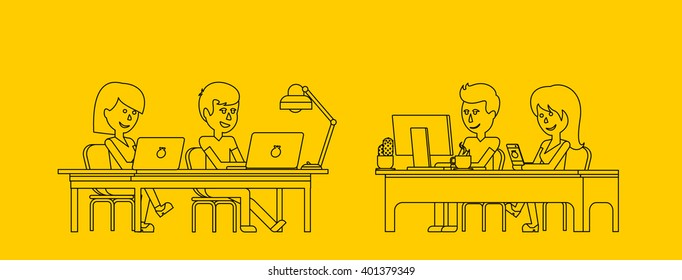People work in office design flat. Business woman and man, computer worker, Office desk table and workplace. Guy girl sitting on chair at table in front of computer laptop monitor and shining lamp