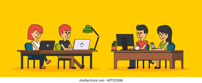 People work in office design flat. Business woman and man, computer worker, Office desk table and workplace. Guy girl sitting on chair at table in front of computer laptop monitor and shining lamp