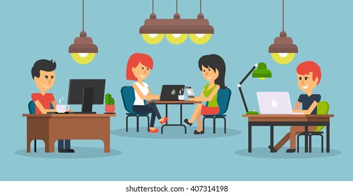People work in office design flat. Business woman and man, computer worker, Office desk table and workplace. Guy girl sitting on chair at table in front of computer laptop monitor and shining lamp