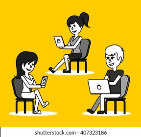 People work in office design flat. Business woman and man, computer worker, Office desk table and workplace. Guy girl sitting on chair at table in front of computer laptop monitor