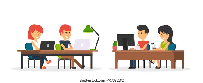 People work in office design flat. Business woman and man, computer worker, Office desk table and workplace. Guy girl sitting on chair at table in front of computer laptop monitor and shining lamp