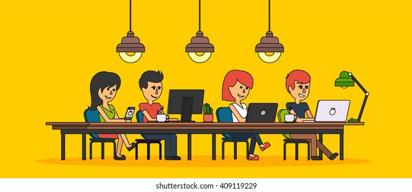 People work in office design flat. Business woman and man, computer worker, Office desk table and workplace. Guy girl sitting on chair at table in front of computer laptop monitor and shining lamp