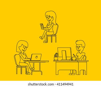 People work in office design flat. Business woman and man, computer worker, Office desk table and workplace. Guy girl sitting on chair at table in front of computer laptop monitor