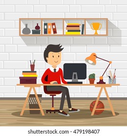 People work in office design flat. Business man, computer worker, Office desk table and workplace. Guy sitting on chair at table in front of computer laptop monitor