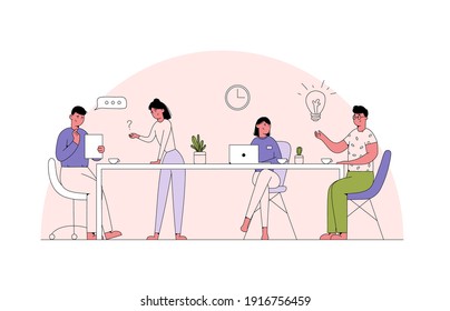 People Work In Office. Happy Workers In The Workplace. Corporate Culture In Company. Cheerful Working Day. Business People Teamwork. Flat Illustration.