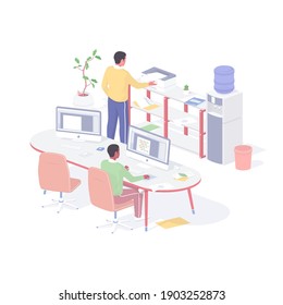 Die Leute arbeiten im Büro isometrische Vektorgrafik. Männliche Zeichen sitzt auf dem Computer und erfasst Online-Finanzstatistiken. Der Mensch druckt den erforderlichen Dokumentendrucker. Komfortables Arbeitsraumkonzept.