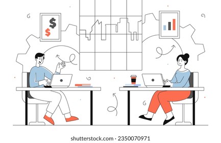 People work at office line concept. Man and woman with laptops sit at tables and communicate. Colleagues and partners working on common project. Efficient workflow. Linear flat vector illustration