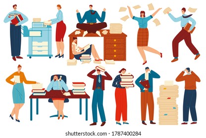 Die Leute arbeiten mit Büropapierdokumenten, Vektorgrafik-Set. Cartoon flach Mann Angestellte Charaktere, die mit Papiermappen auf dem Schreibtisch arbeiten, Chaos am Arbeitsplatz, Papierarbeit einzeln auf Weiß