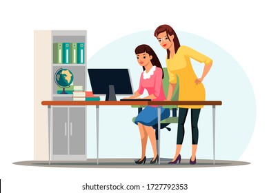 People work office scene. Colleagues look at computer screen, doing tasks together. Intern or trainee works with supervisor. Teamwork collaboration, partnership workflow. Vector character illustration