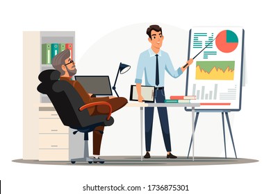 Die Leute arbeiten Büroszene. Der Manager legt dem Chef im Kabinett einen Bericht vor. Präsentation Analyse Daten Wachstum Unternehmen, Business Erfolg Strategie, finanzielle Leistung, Gewinn. Vector-Zeichendarstellung