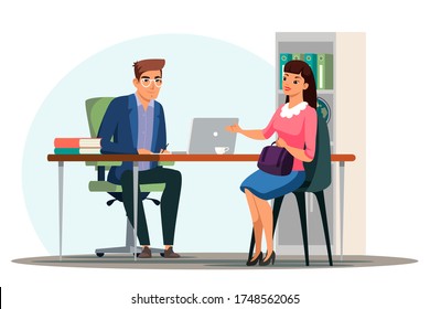 People work office scene. Manager recruiter interviews candidate. Man and woman sitting at table and talking. Recruitment, job interview, resumes, professional meeting. Vector character illustration