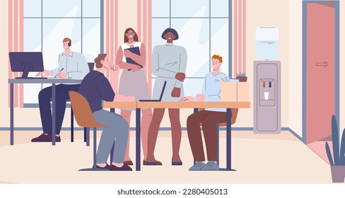 Personas trabajando en el cargo, hablando con nuevos empleados y trabajando. Entrenadores planos, trabajo en equipo joven. Escenario de vector de procesos empresariales