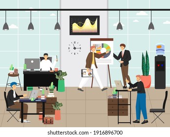 People work in office vector illustration. Team of employees work in business interior. Office workplace concept in flat style