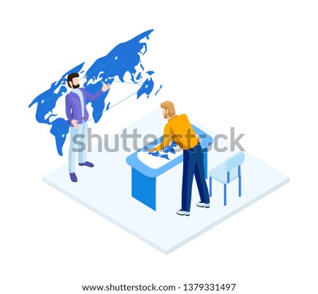 People work in office with world map. Isometric template of teamwork. 