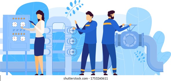 People work in oil gas industry vector illustration. Cartoon flat man worker characters working on pipeline, opening valve, woman controlling production and transportation operation isolated on white