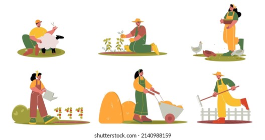 People work on agriculture farm and garden. Vector flat illustration of farmers family, rural workers shearing sheep, watering vegetables, feed hen, growing plants, with wheelbarrow and rake