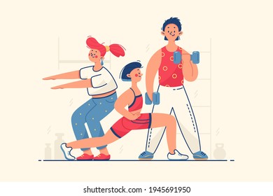 People work on body vector illustration. Woman doing squats, man lifting dumbbells flat style. Friends workout together. Gym, sport, active lifestyle concept. Isolated on beige background