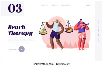People Work on City Beach in Exotic Tropical Country. Man Sell Fruits to Tourists, Musician Play on Ukulele to Relaxing People. Website Landing Page, Web Page. Cartoon Flat Vector Illustration, Banner