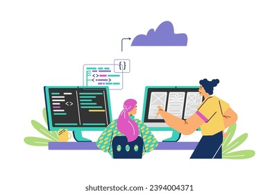 People work on computers, vector illustration isolated on white background. Young programmers or application developers looking at monitors. Drawing in colored flat cartoon style. Design concept