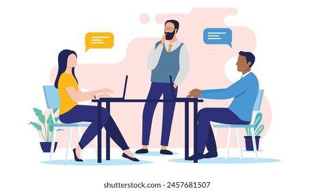 Personas en el trabajo en el escritorio - Empresarios de oficina en ropa casual trabajando, hablando y discutiendo mientras se sienta en la mesa. Ilustración vectorial de diseño plano con fondo blanco