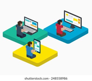 People work on digital devices in web, design in flat isometric style, communication in the Internet on a laptop, phone and PC.