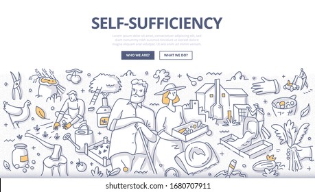 People work on the farmstead, fully providing themselves with food and everything necessary for independent existence. Self-sufficiency and survivalism concept. Doodle illustration