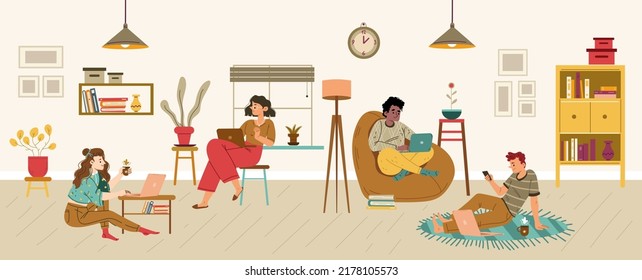 People work on laptop at home. Vector flat illustration of cozy living room interior with diverse characters use gadgets sitting on chair, carpet and stool