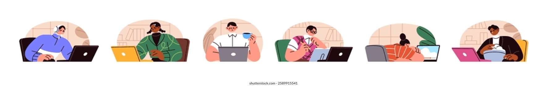 People work on laptop set. Office workers, employees texting, typing, programming on PC on desk. Students learning, study, watching videos on computer. Flat isolated vector illustrations on white