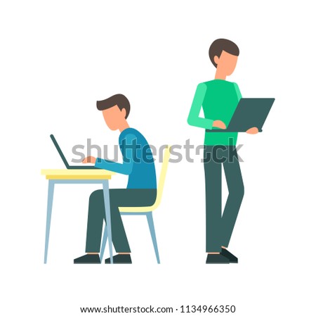 People work on laptops. Man sitting at his desk. Working process. Men isolated on white background. Vector illustration.