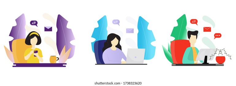 People work on laptops and study remote. Learning languages from home while pandemic. Online education concept. Isolated vector illustration