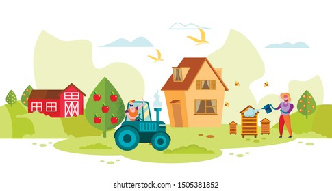 People Work on Manor. Beekeeper and Trautarist in Garden. Grow Organic Vegetables. Vector Illustration. Healthy Food. Organic Honey. Produced by Natural Products. People and Organic Production.