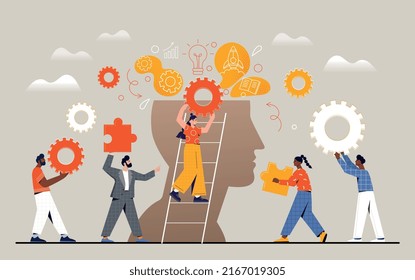 People work on project. Work and business, brainstorming metaphor. Efficient workflow, employees or colleagues. Concept of logical thinking, persons in office. Cartoon flat vector illustration