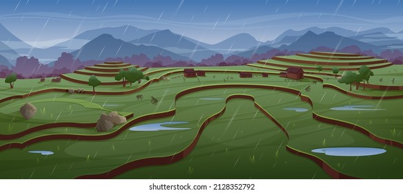 People work on rice fields in rain. Green paddy terraces and farm houses. Vector cartoon illustration of asian rural landscape with crop plantation on hills, village and mountains at rainy weather