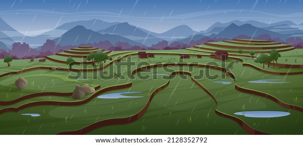 People work on rice fields in rain. Green paddy\
terraces and farm houses. Vector cartoon illustration of asian\
rural landscape with crop plantation on hills, village and\
mountains at rainy\
weather