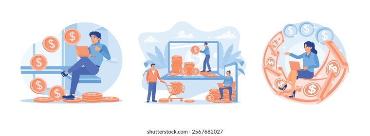 People work online. Make money from the internet. Freelancers earn money online. Earn money concept. Set flat vector illustration.