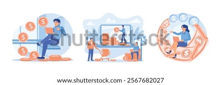 People work online. Make money from the internet. Freelancers earn money online. Earn money concept. Set flat vector illustration.