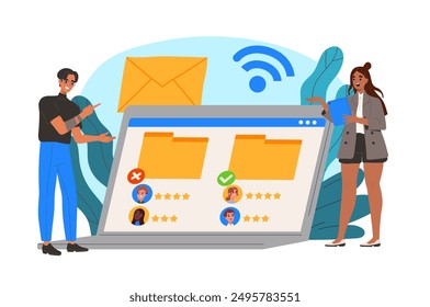 People work online. Man and woman stand near laptop with files. Freelancers and remote workers work on common project. Electronic archive and cloud storage. Flat vector illustration