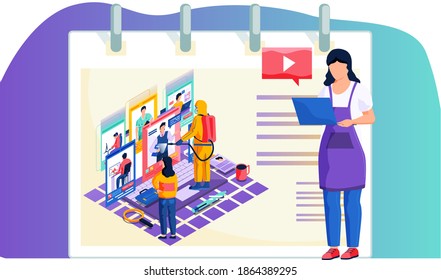 People work online while sanitary worker treat their workplace with disinfectant solution. Housewife woman in apron with laptop study online professions remotely. Work, leisure and hobby on quarantine