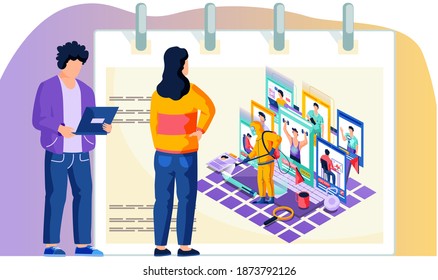 La gente trabaja en línea mientras que los trabajadores sanitarios tratan su lugar de trabajo con una solución desinfectante. Hombre y mujer con estudiantes de laptops estudian profesiones en línea remotamente. Trabajo, esparcimiento y pasatiempo en la cuarentena