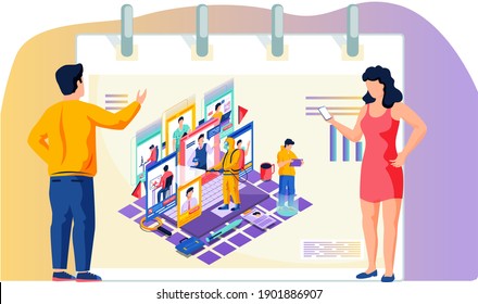 People work online while sanitary worker treat their workplace with disinfectant solution. Man and woman with phone students study online professions remotely. Work, leisure and hobby on quarantine