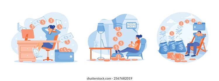 People work online. Woman working at home. Generate income online. Passive income concept. Set flat vector illustration.